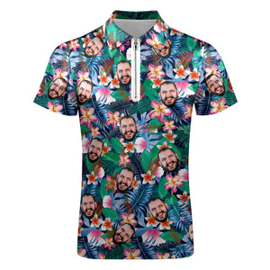 Custom Hawaiian Style Polo Shirt with Zipper Personalized Face Men's Polo Shirt for Him