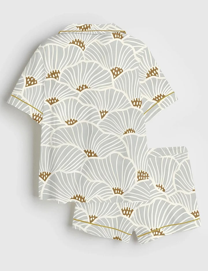 Women’s Neutral Flowers Modern Geometric Soft Lines Art Print Short Sleeve Satin Pajama Set