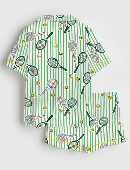 Women’s Let's Play Tennis Green and Pink Short Sleeve Satin Pajama Set