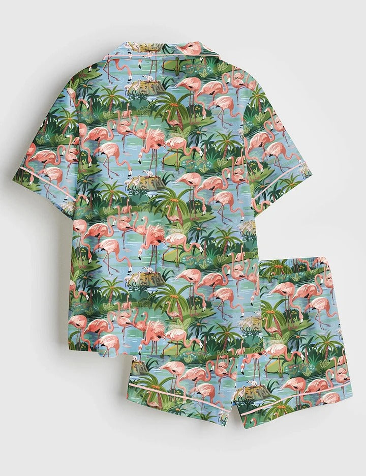 Women’s Flamingo Lagoon Summer Beach Plant Short Sleeve Satin Pajama Set