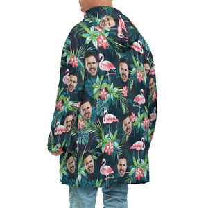 Custom Face Adult Unisex Blanket Hoodie Personalized Blanket Pajama Gift Hawaiian Flamingos For Men