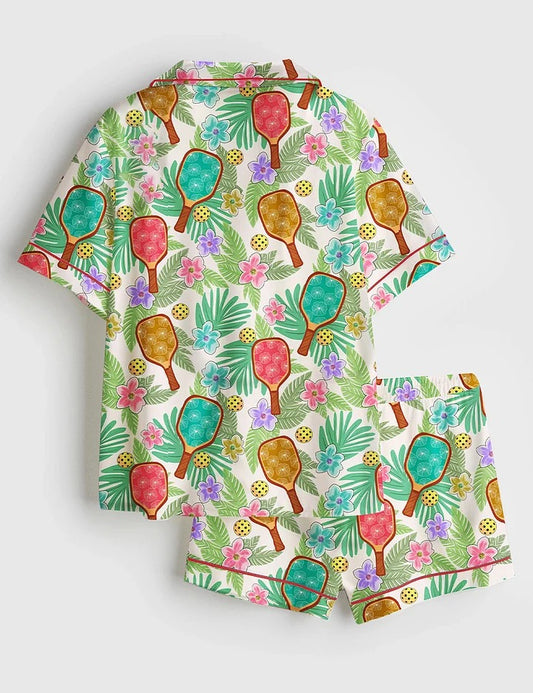 Women’s Tropical Pickleball Fun Vibrant Floral Game Day Sports Short Sleeve Satin Pajama Set