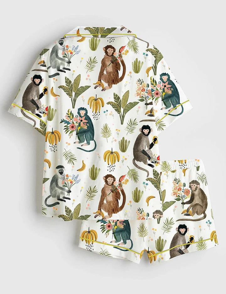 Women's Wildflower Bouquets With A Side Of Monkey Bananas Short Sleeve Satin Pajama Set