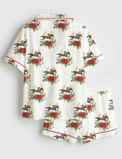 Women’s Kentucky Derby Red Roses Horse Race Western Short Sleeve Satin Pajama Set