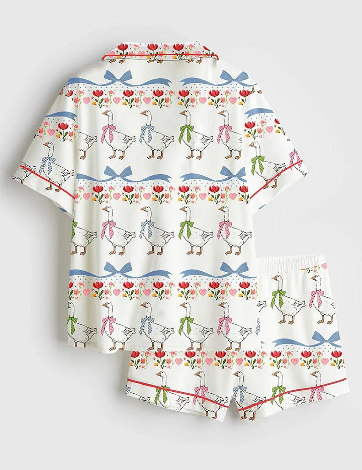 Women’s Vintage Goose Blue Ribon Trendy Cute Goose Print Short Sleeve Satin Pajama Set