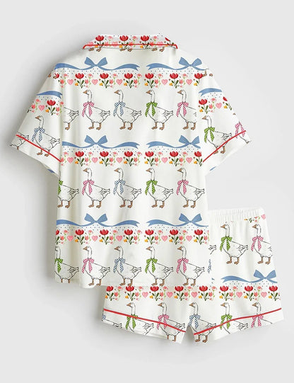 Women’s Vintage Goose Blue Ribon Trendy Cute Goose Print Short Sleeve Satin Pajama Set