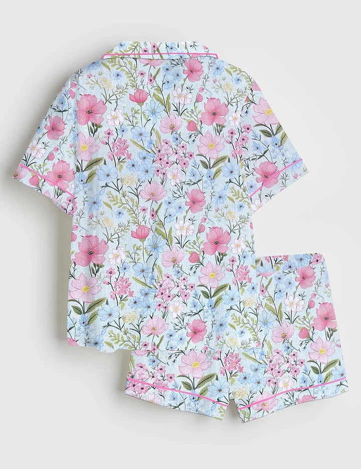 Women’s Flower Garden Short Sleeve Satin Pajama Set