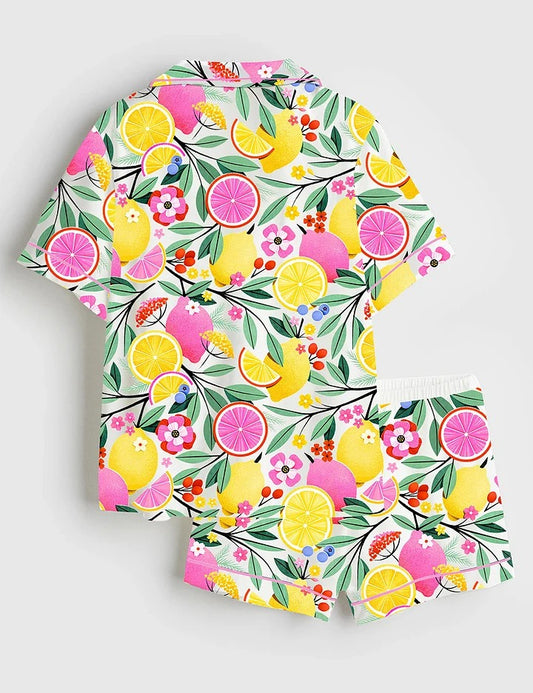 Women's Pink Lemonade Floral Short Sleeve Satin Pajama Set