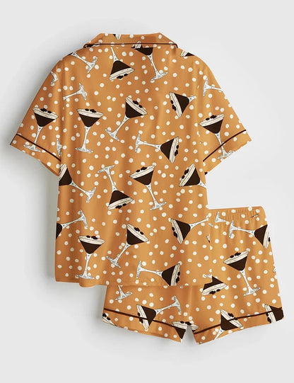 Women's Polka Dots Espresso Martini Party Short Sleeve Satin Pajama Set