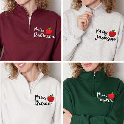 Custom Teacher Sweatshirt, Embroidered Teacher Quarter Zip Sweatshirt, Personalized Embroidery Teacher Sweatshirt (995MR)