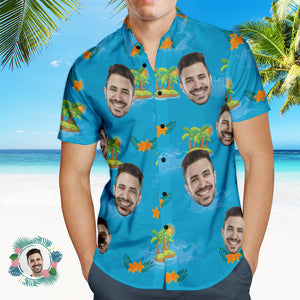 Custom Photo Hawaiian Shirt Beach Vacation Couple Wears Popular All Over Print Hawaiian Beach Shirt Holiday Gift Blue