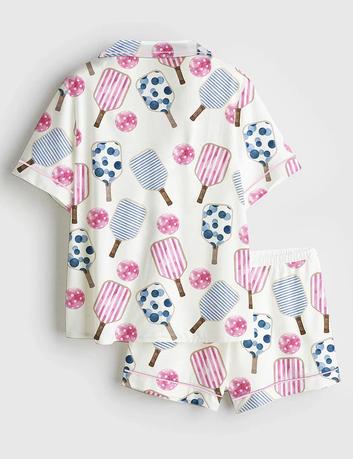 Women’s Watercolor Stripes Pink And Blue Pickleball Paddle And Ball Short Sleeve Satin Pajama Set