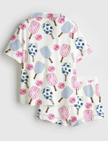 Women’s Watercolor Stripes Pink And Blue Pickleball Paddle And Ball Short Sleeve Satin Pajama Set