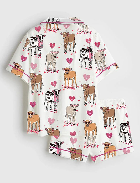 Women's Highland Cow Western Valentines Day Short Sleeve Satin Pajama Set
