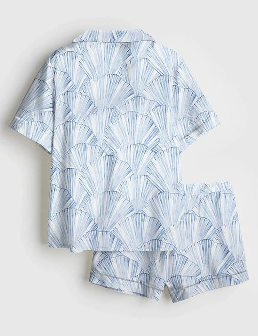 Women’s Seashell Coastal Blue Vintage Coastal Granddaughter Aesthetic Summer Beach Vibes Print Short Sleeve Satin Pajama Set