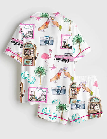 Women’s Las Vegas Bachelorette Cocktail Club Girls Trip Country Club Short Sleeve Satin Pajama Set