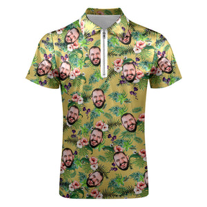 Custom Funny Polo Shirt with Zipper Personalized Face Hawaiian Style Polo Shirt for Men