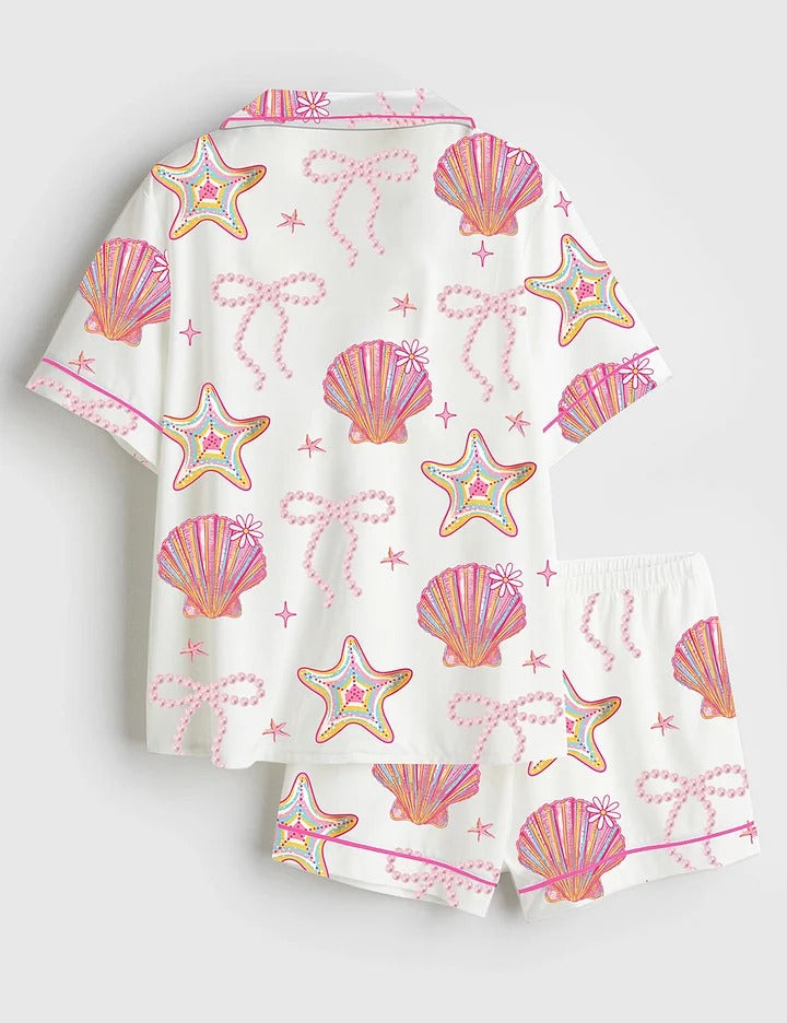 Women’s Summer Clam Coquette Bow Summer Vibes Pink Clam Summer Beach Short Sleeve Satin Pajama Set