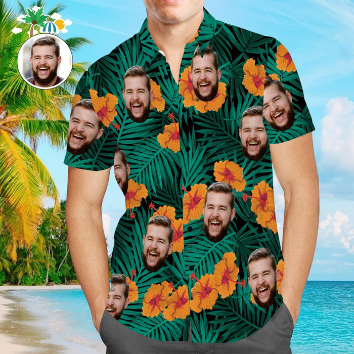 Custom Face Hawaiian Shirt Hibiscus Flower Funny Beach Shirt Gift for Men