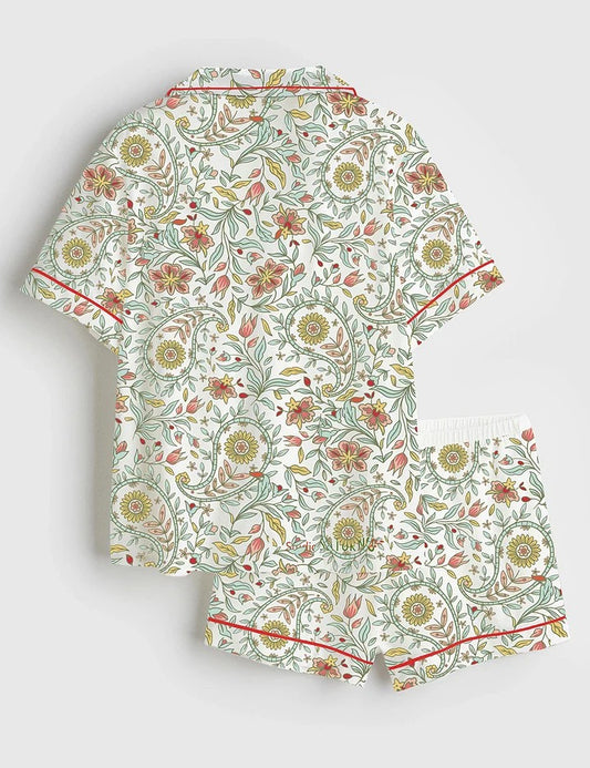 Women’s Summer Floral Paisley Design Short Sleeve Satin Pajama Set