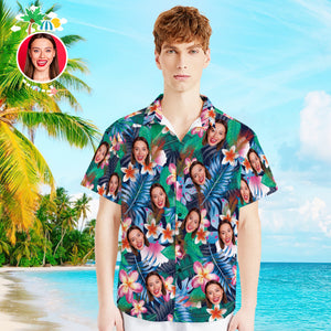 Custom Photo Hawaiian Shirt Couple Outfit Parent-child Wears Personalised Face Hawaiian Shirt Gift Colorful Flowers