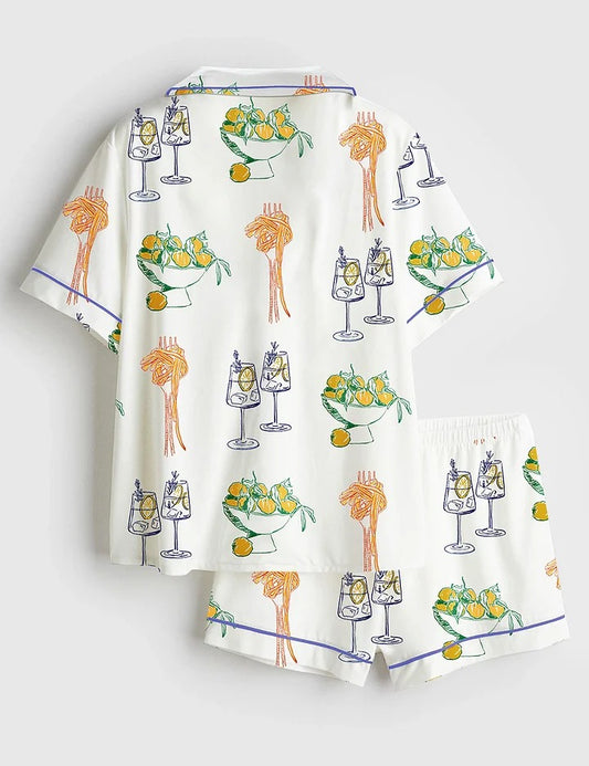 Women's Kitchen Art Cocktail Drinks Pasta Lover Short Sleeve Satin Pajama Set