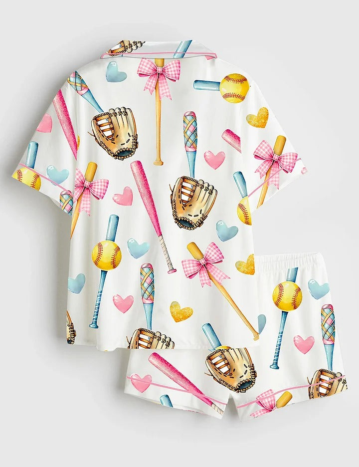 Women’s Softball Bow Softball Mom Softball Girl Short Sleeve Satin Pajama Set