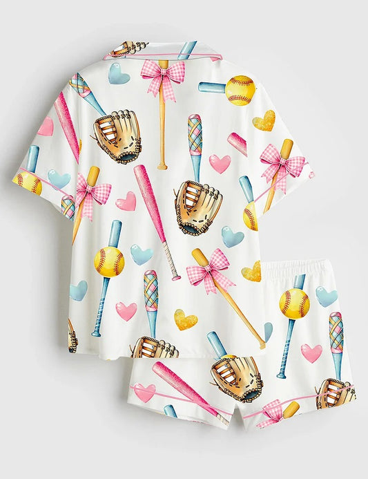 Women’s Softball Bow Softball Mom Softball Girl Short Sleeve Satin Pajama Set