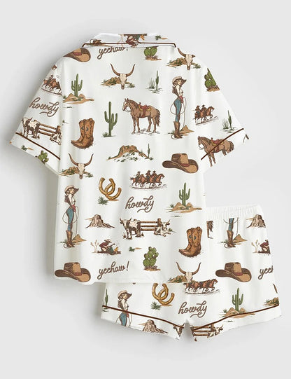 Women’s Rustic Americana Western Vintage Cowboy Short Sleeve Satin Pajama Set