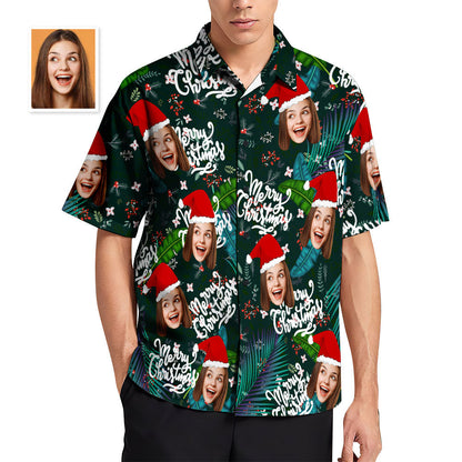 Custom Face Hawaiian Shirts Personalised Photo Gift Men's Christmas Shirts Flower and Leaves