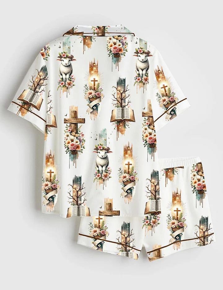 Women’s Easter Bible Verse Jesus Short Sleeve Satin Pajama Set