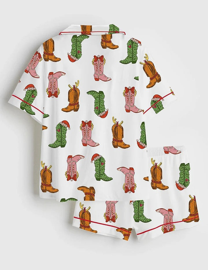 Women's Western Grinch Cowboy Boots Christmas Short Sleeve Satin Pajama Set