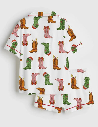 Women's Western Grinch Cowboy Boots Christmas Short Sleeve Satin Pajama Set