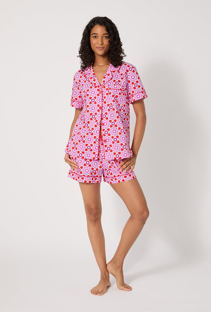 BedHead X Trina Turk Mosaic Tile Short Sleeve Classic Shorty Woven Cotton Poplin PJ Set