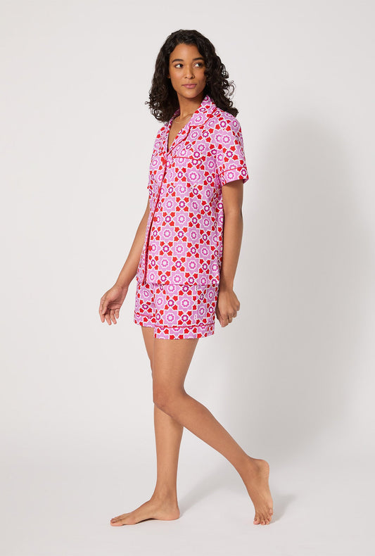 BedHead X Trina Turk Mosaic Tile Short Sleeve Classic Shorty Woven Cotton Poplin PJ Set