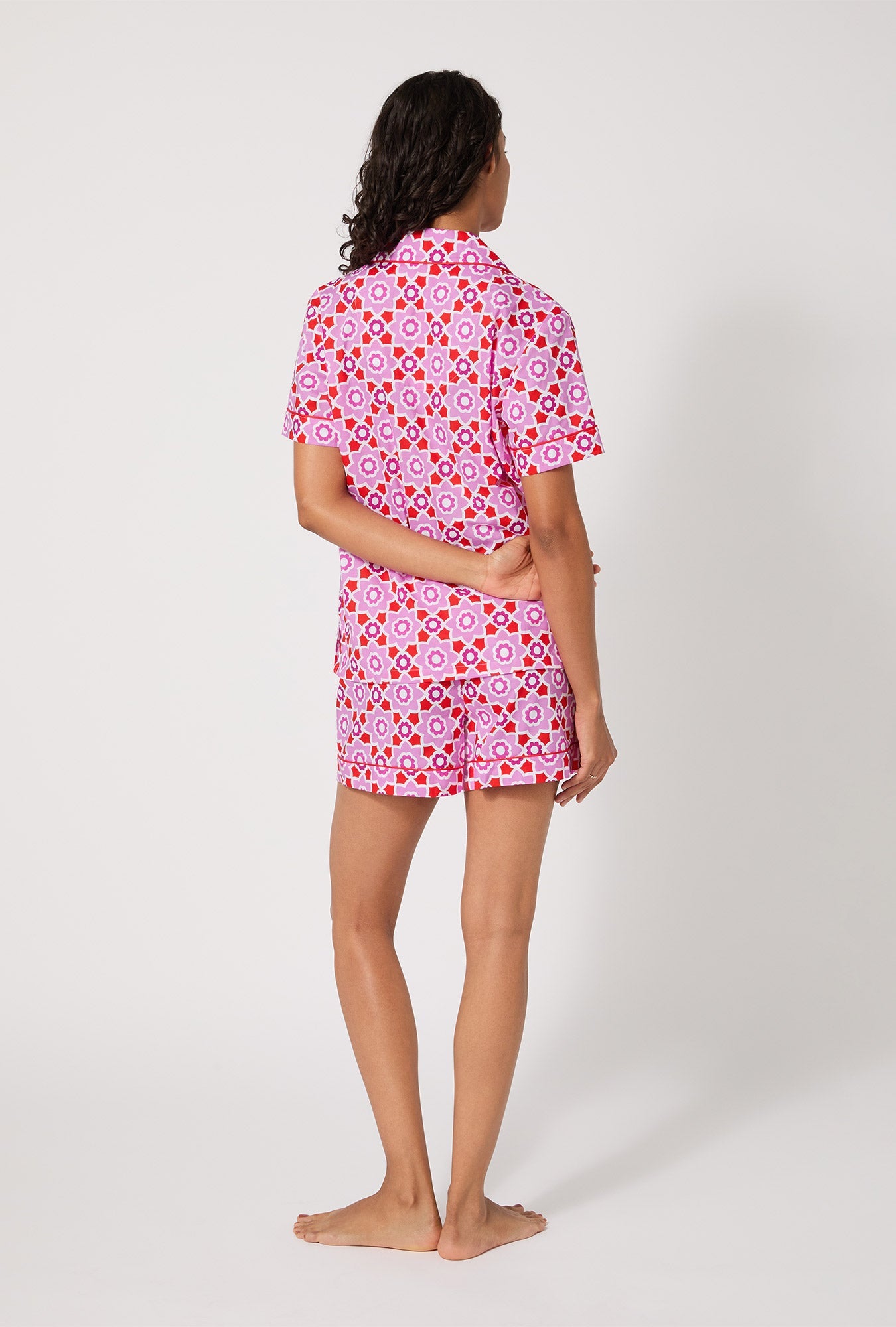 BedHead X Trina Turk Mosaic Tile Short Sleeve Classic Shorty Woven Cotton Poplin PJ Set