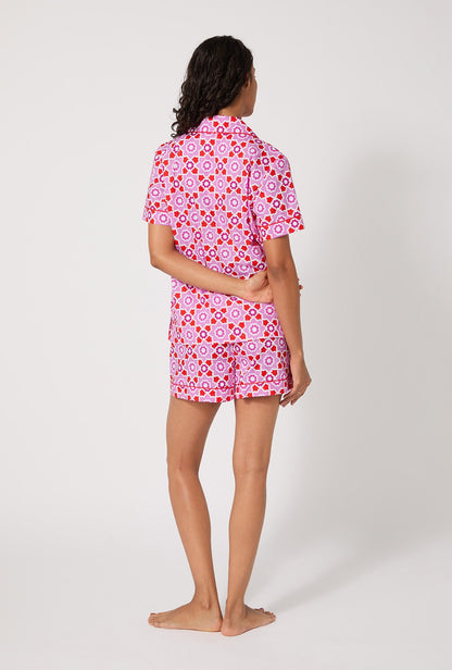 BedHead X Trina Turk Mosaic Tile Short Sleeve Classic Shorty Woven Cotton Poplin PJ Set