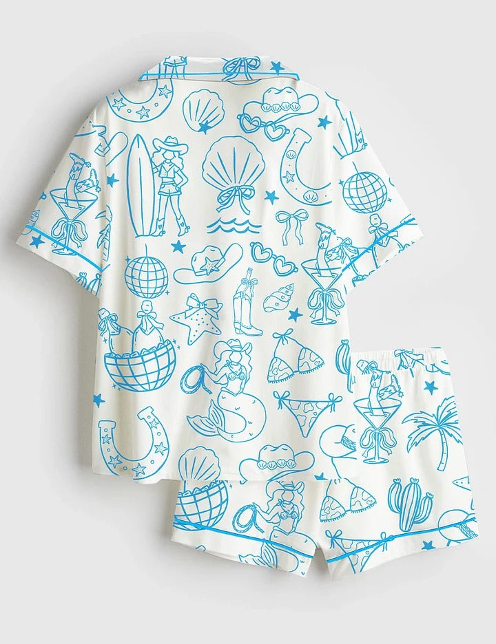Women’s Hand Drawn Whimsical Coastal Beach Cowgirl Western Cowgirl Print Short Sleeve Satin Pajama Set