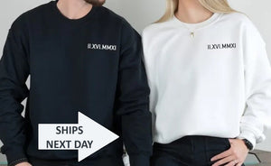 Roman Numeral Date Matching Custom Embroidered Couple Sweatshirt with Anniversary Date & Initial Heart On Sleeve