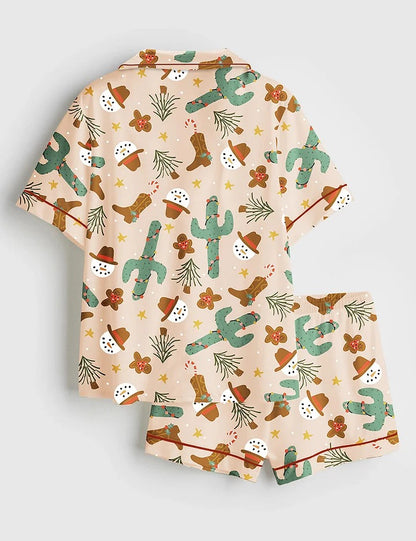 Women's Xmas Western Cowboy Boots Short Sleeve Satin Pajama Set