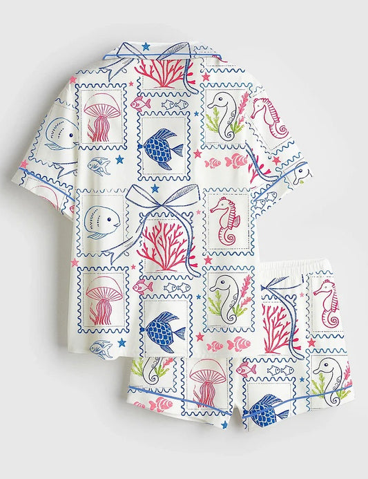 Women’s Summer Beach Jellyfish Seahorse Coastal Aesthetic Summer Print Short Sleeve Satin Pajama Set