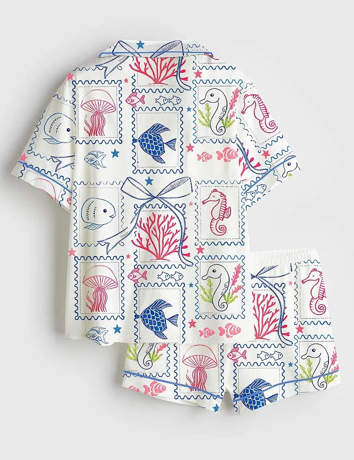 Women’s Summer Beach Jellyfish Seahorse Coastal Aesthetic Summer Print Short Sleeve Satin Pajama Set
