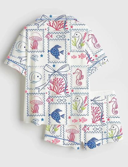Women’s Summer Beach Jellyfish Seahorse Coastal Aesthetic Summer Print Short Sleeve Satin Pajama Set