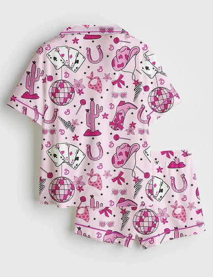 Women’s Western Pink Barbie Retro Short Sleeve Satin Pajama Set
