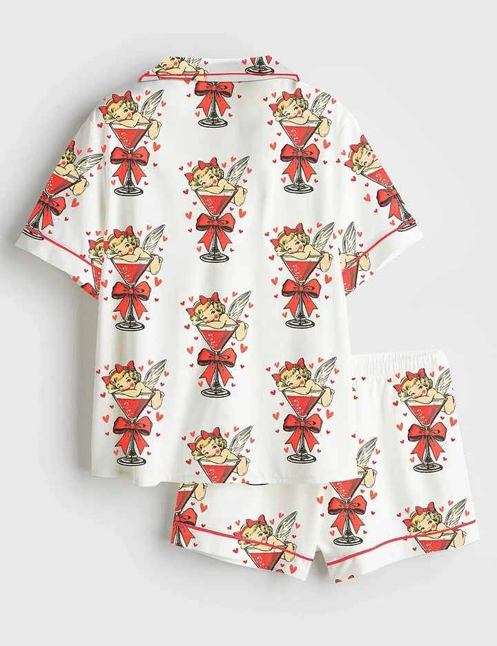 Women's Cupid Bring Espresso Martini Valentines Short Sleeve Satin Pajama Set