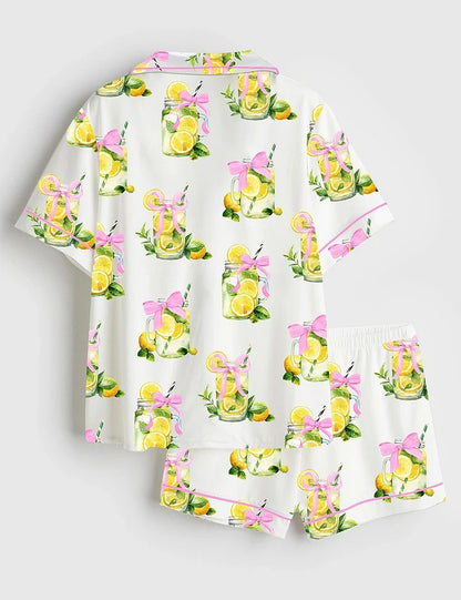 Women’s Coquette When Life Gives You Lemons Retro Fancy Lemon Print Short Sleeve Satin Pajama Set