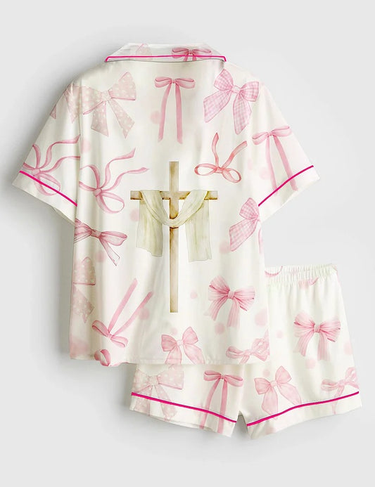 Women’s Pink Coquette Bow Christian Jesus Easter Short Sleeve Satin Pajama Set