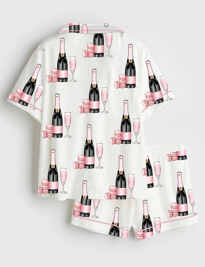 Women’s Pink Champagne Glass Dessert Short Sleeve Satin Pajama Set