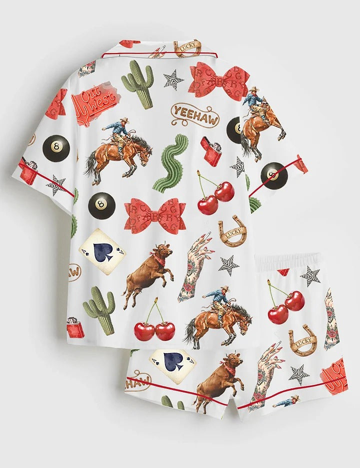 Women's Western Cowgirl Short Sleeve Satin Pajama Set