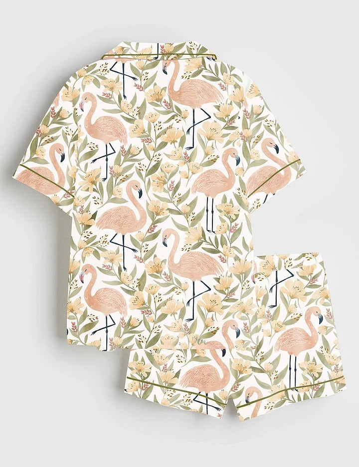 Women's Flamingos Floral Pattern Short Sleeve Satin Pajama Set